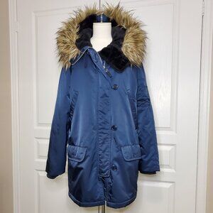 GAP Women’s Hooded Parka Faux Fur Trim Navy Blue Size M
